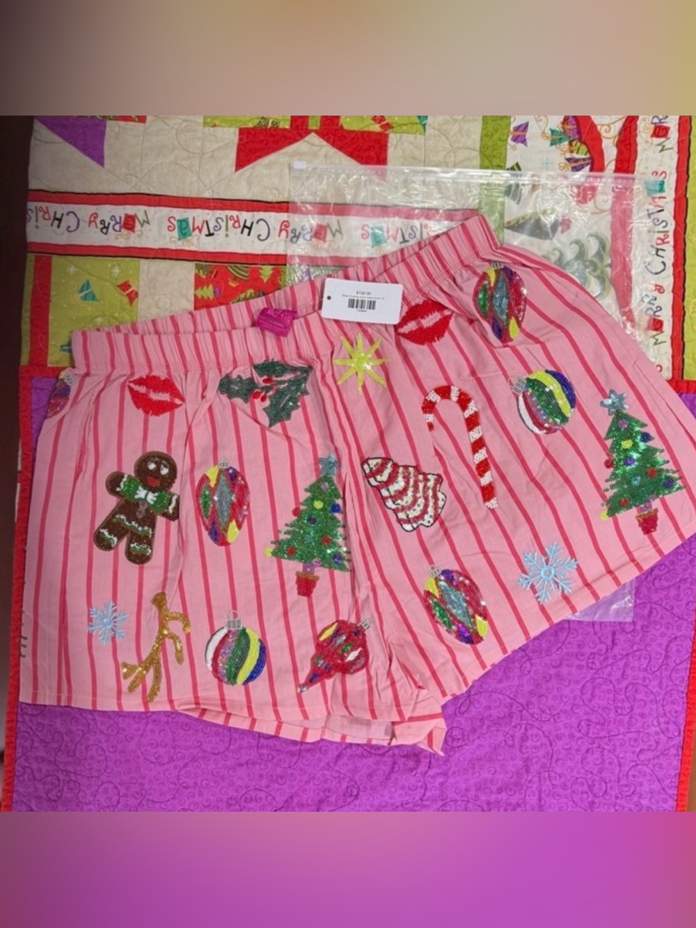 new Pink & Red Stripe Christmas Icons Queen Of Sparkles Cotton Shorts - Picture 4 of 6